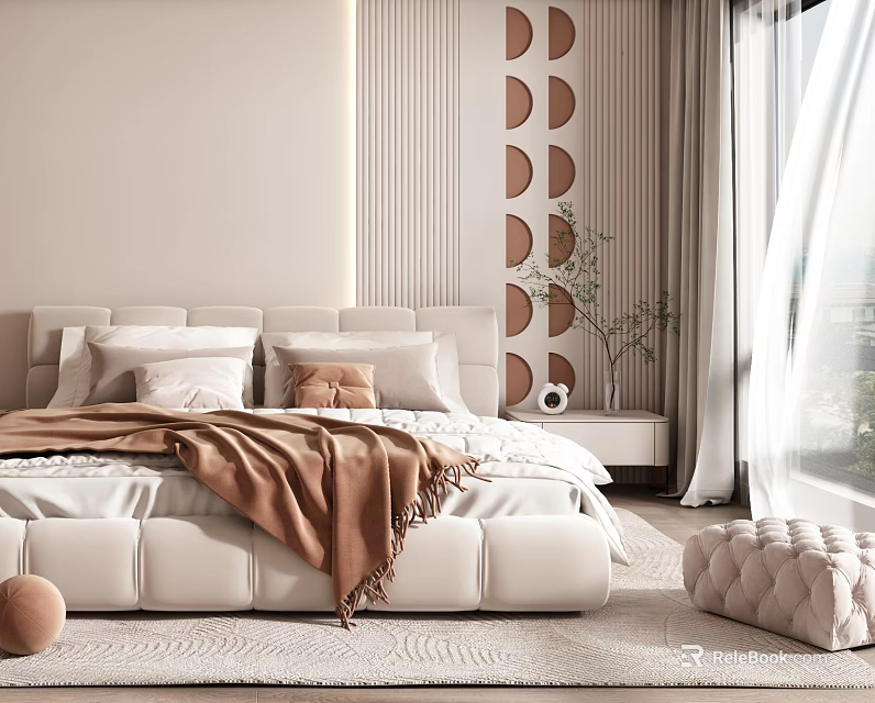 Modern Bedroom Interior With White Bed Brown Blanket Circular Wall Decor And Green Plant 3d model 