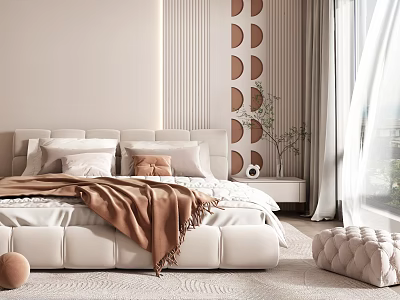 Modern Bedroom Interior With White Bed Brown Blanket Circular Wall Decor And Green Plant 3d model