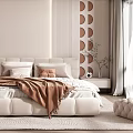 Modern Bedroom Interior With White Bed Brown Blanket Circular Wall Decor And Green Plant