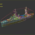 Detailed Historical Warship 3D Model with Gray Hull Orange Deck Masts and Smokestacks
