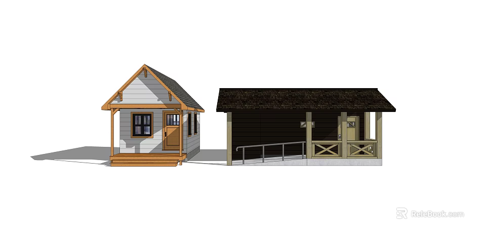 Two Gabled Log Cabins With White Siding Brown Roof Door Window Porch And Railings 3d model 