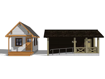 Two Gabled Log Cabins With White Siding Brown Roof Door Window Porch And Railings 3d model