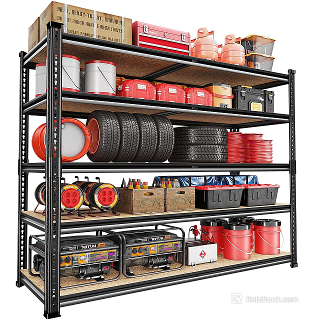 Metal Garage Shelving Unit Organizing Tires Buckets Toolboxes Cables And Generators 3d model 