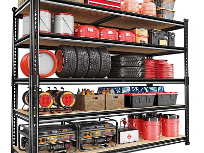 Metal Garage Shelving Unit Organizing Tires Buckets Toolboxes Cables And Generators 3d model