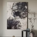 Abstract Wall Art in Neutral Living Room with Black Side Table and Tall Leafy Plant