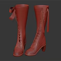 Red Lace Up Long Boots With Golden Ribbon Bow And White Heels