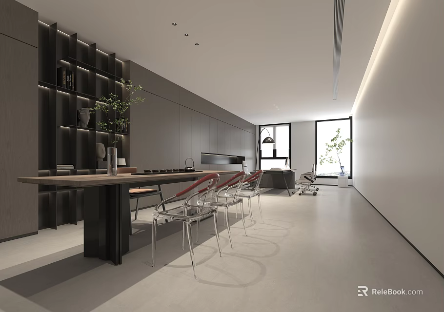 Modern Office Interior With Open Layout Gray Tones Long Table Transparent Chairs And Large Windows 3d model 