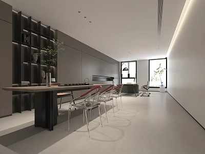 Modern Office Interior With Open Layout Gray Tones Long Table Transparent Chairs And Large Windows 3d model
