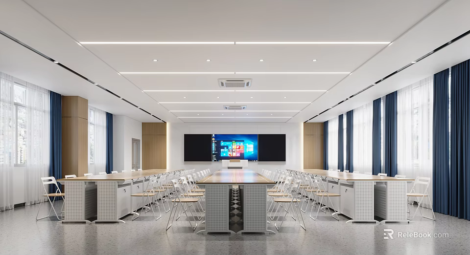 Modern Conference Room Interior With Long Table Chairs Large Screen And Windows 3d model