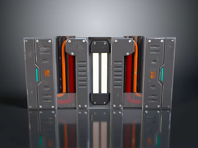 Futuristic Metallic Gate Design With Red White Orange Panels And Illuminated Frames 3d model