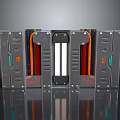 Futuristic Metallic Gate Design With Red White Orange Panels And Illuminated Frames