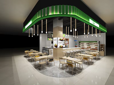 Modern Hot Pot Restaurant Interior With Green Decor Open Layout Dining Tables And Pendant Lights 3d model