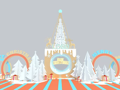 Christmas Holiday Decorations With White Trees Reindeer Gift Boxes And Sign 3d model