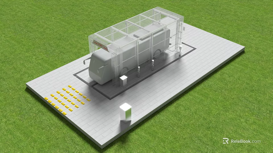 Transparent Glass Sunroom Structure Covering Vehicle on Paved Area With Green Grass and Yellow Markers 3d model 