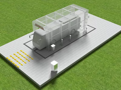 Transparent Glass Sunroom Structure Covering Vehicle on Paved Area With Green Grass and Yellow Markers 3d model