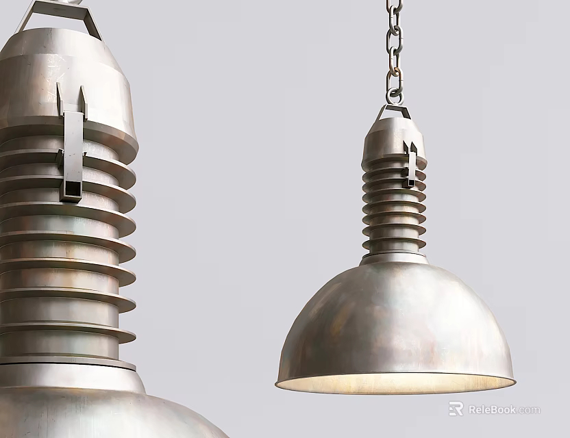 Industrial Style Metal Chandeliers With Ribbed Structure And Dome Shade Hanging 3d model 