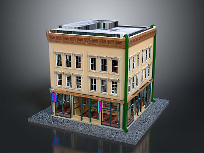Cartoon Three Story Building Model With Beige Facade Brown Decorative Lines And Shop Fronts 3d model