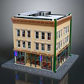 Cartoon Three Story Building Model With Beige Facade Brown Decorative Lines And Shop Fronts