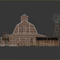 Farm Wooden Barn with Stone Tile Roof Windmill Water Well Wooden Shed Barrels and Tools