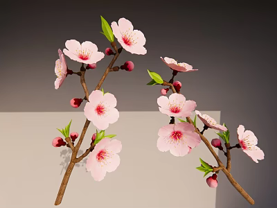 Beautiful Peach Blossom Branches With Pink Flowers Green Leaves And Buds 3d model