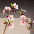 Beautiful Peach Blossom Branches With Pink Flowers Green Leaves And Buds
