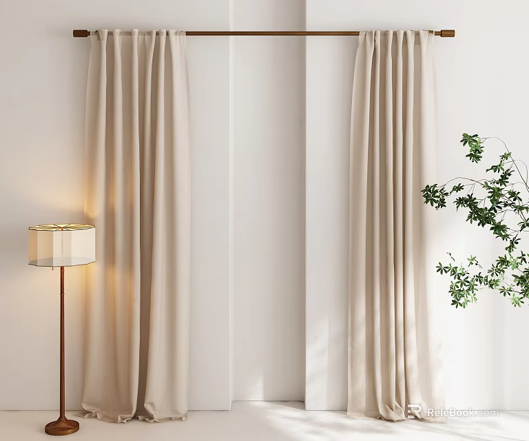 Beige Linen Curtains In Modern Interior With Floor Lamp And Green Plant 3d model 