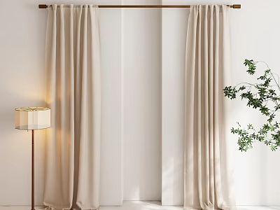 Beige Linen Curtains In Modern Interior With Floor Lamp And Green Plant 3d model
