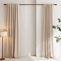 Beige Linen Curtains In Modern Interior With Floor Lamp And Green Plant