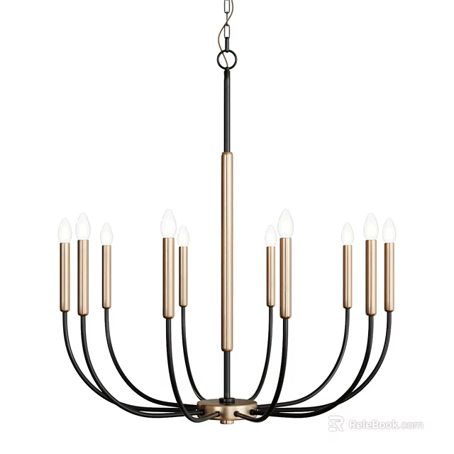 Modern Chandelier Design With Black Arms Copper Pole And Candle Shaped Bulbs 3d model 