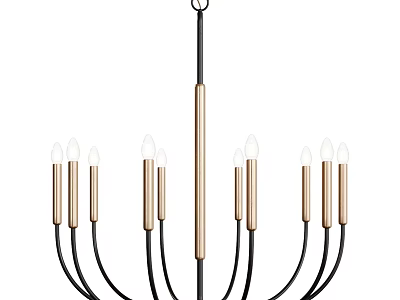 Modern Chandelier Design With Black Arms Copper Pole And Candle Shaped Bulbs 3d model