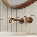 Minimalist Bathroom Vanity With Stone Countertop Round Wooden Frame Mirror And Faucet Storage Compartments