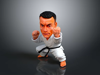 Man in White Karate Uniform Striking Combat Action Pose on Gray Background 3d model