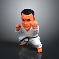 Man in White Karate Uniform Striking Combat Action Pose on Gray Background