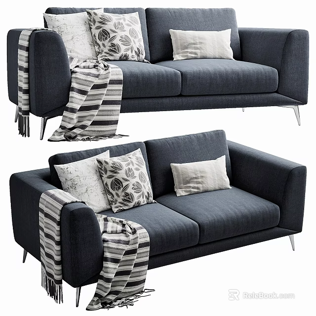 Modern Two Seater Sofa With Striped Blanket And Patterned Decorative Pillows 3d model