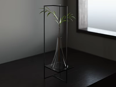 Floor Lamp with Black Metal Frame Transparent Glass Shade Green Plant on Dark Wooden Tabletop 3d model