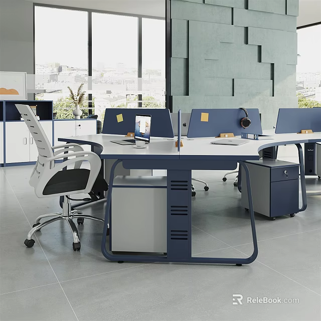 Modern Office Workstation Desk With Blue White Frame Drawers And Ergonomic Chairs 3d model 