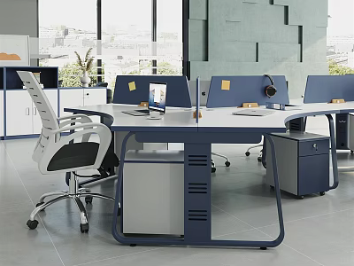 Modern Office Workstation Desk With Blue White Frame Drawers And Ergonomic Chairs 3d model
