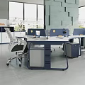 Modern Office Workstation Desk With Blue White Frame Drawers And Ergonomic Chairs