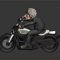 Cartoon Character With White Spiky Hair Riding Black Motorcycle And Exaggerated Facial Features