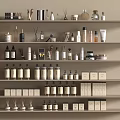 Organized Perfumes And Cosmetics Display On Shelves With Various Bottles Jars And Boxes