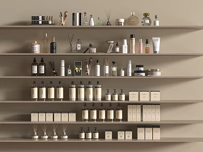 Organized Perfumes And Cosmetics Display On Shelves With Various Bottles Jars And Boxes 3d model
