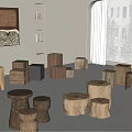 Quiet style wooden stake round stool low stool 3d model
