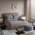 Modern Bedroom Interior With Peach Headboard Double Bed Black White Checkered Pillows And Nightstands