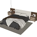 Modern Double Bed with Upholstered Headboard Gray White Bed Linens and Wooden Bedside Tables