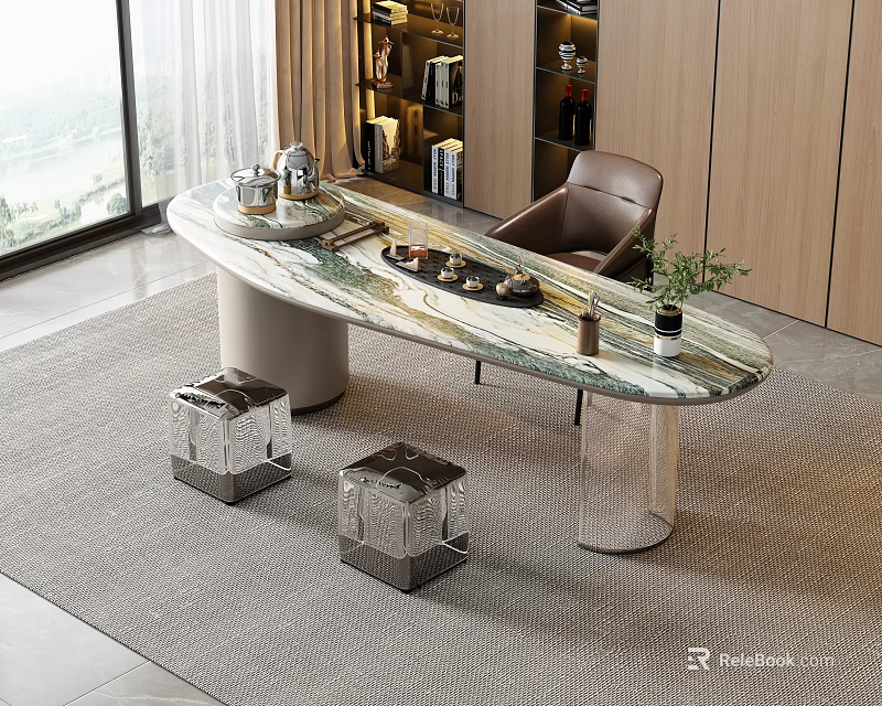 Modern Tea Table And Chairs With Marble Top Leather Chair And Square Stools 3d model 