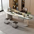 Modern Tea Table And Chairs With Marble Top Leather Chair And Square Stools