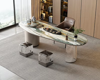 Modern Tea Table And Chairs With Marble Top Leather Chair And Square Stools 3d model