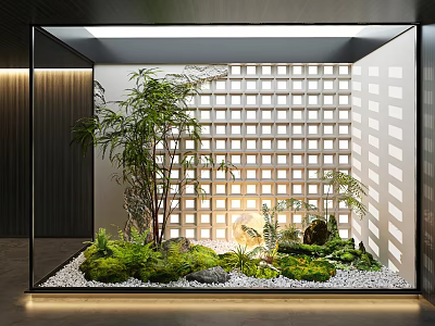 Tranquil Indoor Landscape With Bamboo Green Plants Stones White Pebbles And Lattice Background Lighting 3d model