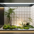 Tranquil Indoor Landscape With Bamboo Green Plants Stones White Pebbles And Lattice Background Lighting