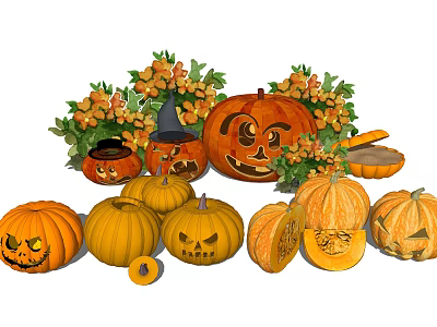 Fresh Decorative Halloween Pumpkin Arrangement With Whole Sliced And Carved Varieties 3d model